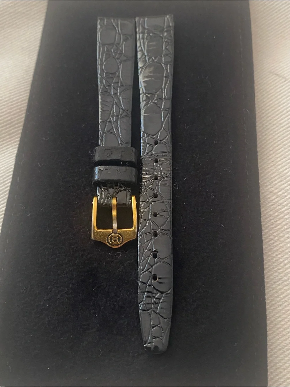 Vintage Black Croc-Embossed Watch Strap with Gold Gucci plated Buckle 14mm